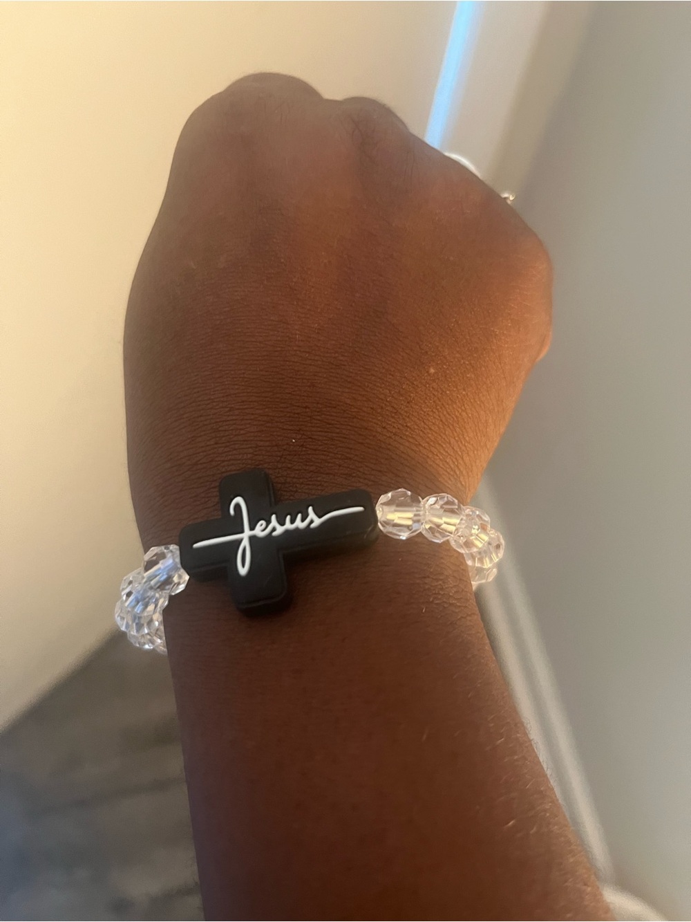 Black Cross "Jesus" Beaded Bracelet with Clear Crystal Beads